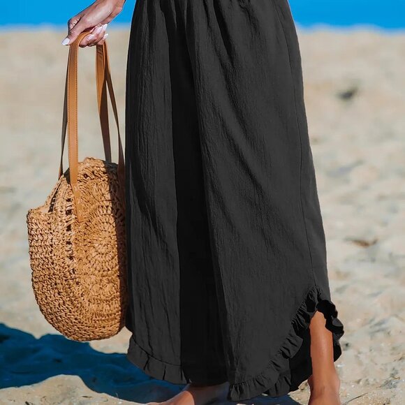 NWT Cupshe - Black High-Rise Smocked Waist Straight Leg Ruffle Pants - Picture 1 of 5